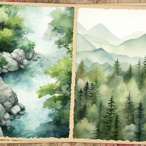 May include: Watercolor landscape art print featuring two panels. One depicts a river scene with lush green trees and rocky banks. The other shows a misty mountain range and a forest of evergreen trees. The artwork has a vintage aesthetic.