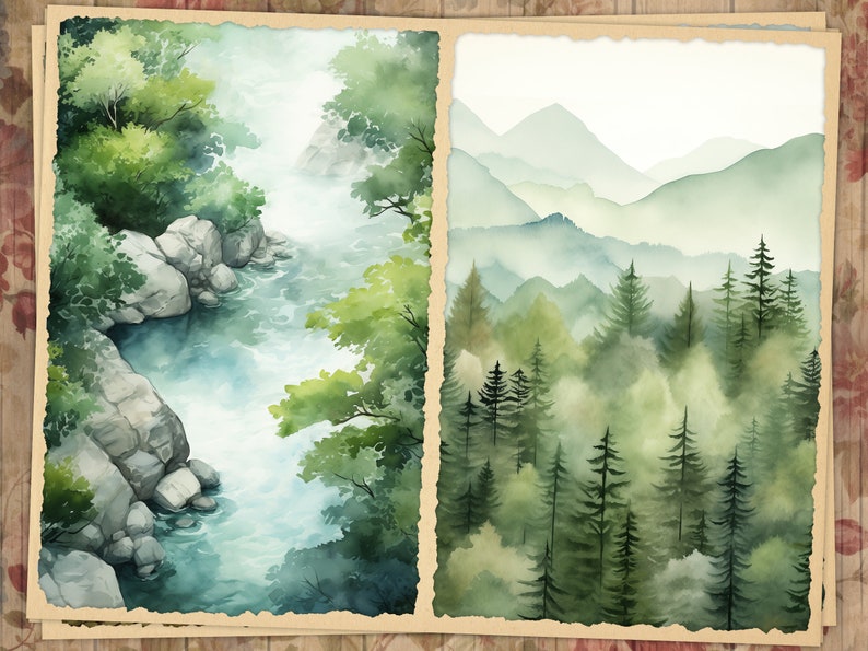 May include: Watercolor landscape art print featuring two panels. One depicts a river scene with lush green trees and rocky banks. The other shows a misty mountain range and a forest of evergreen trees. The artwork has a vintage aesthetic.