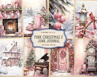 Christmas Printables for Junk Journals, Pink Christmas, Vintage Merry Christmas Junk Journal Pages, Watercolor Santa Digital Junk Journal