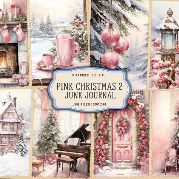 Christmas Printables for Junk Journals, Pink Christmas, Vintage Merry Christmas Junk Journal Pages, Watercolor Santa Digital Junk Journal