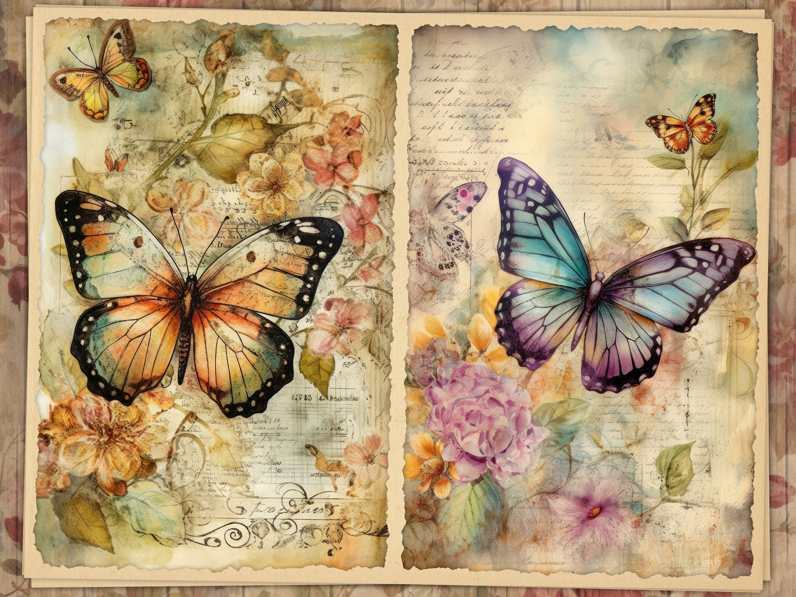 Watercolor Butterfly Junk Journal Pages, Fantasy Vintage Butterflies ...