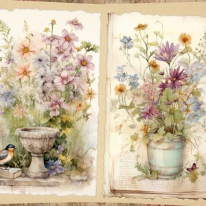 May include: Two watercolor paintings of floral arrangements. The first painting features a bird perched on a book next to a stone birdbath. The second painting features a bouquet of flowers in a blue pot.