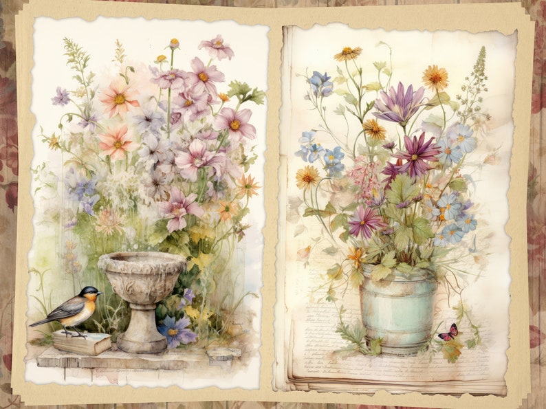 May include: Two watercolor paintings of floral arrangements. The first painting features a bird perched on a book next to a stone birdbath. The second painting features a bouquet of flowers in a blue pot.
