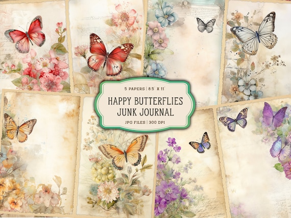 Watercolor Butterfly Junk Journal Pages, Vintage Butterflies Junk Journal Kit, Printable Junk Journal Paper, Digital Collage Sheet