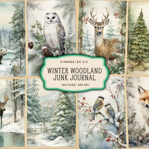 Pagine stampabili del diario della spazzatura della foresta dell'acquerello, kit diario della spazzatura degli animali del bosco invernale, carta del diario della spazzatura invernale, foglio di collage digitale