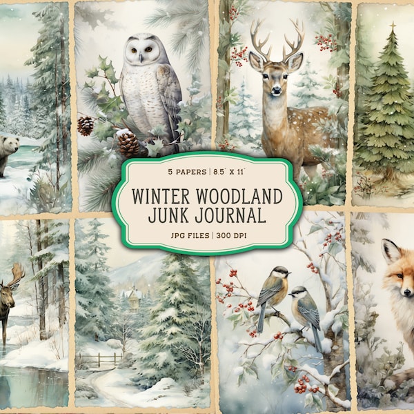 Watercolor Forest Junk Journal Printable Pages, Winter Woodland Animals Junk Journal Kit, Winter Junk Journal Paper, Digital Collage Sheet