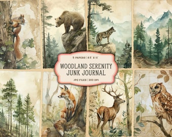 Pagine stampabili del diario della spazzatura della foresta dell'acquerello, kit diario della spazzatura degli animali del bosco, carta del diario della spazzatura della foresta, animali del bosco digitali