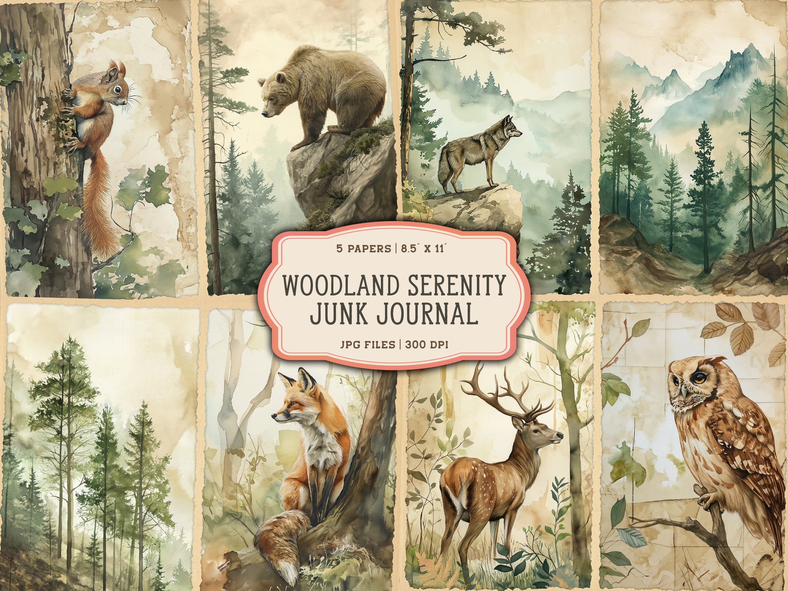 Watercolor Forest Junk Journal Printable Pages, Woodland Animals Junk ...