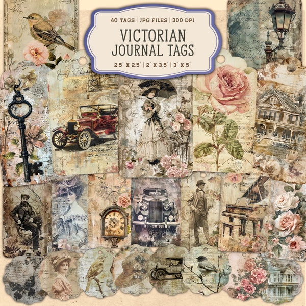 40 Victorian Junk Journal Printable Tags, Victorian Junk Journal Kit, Vintage Victorian Digital Tags, Digital Collage Sheet