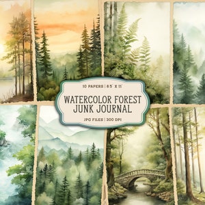 Watercolor Forest Junk Journal Printable Pages, Forest Junk Journal Paper, Woodland Junk Journal Kit, Hiking Journal image 1