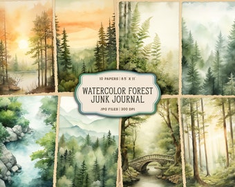 Watercolor Forest Junk Journal Printable Pages, Forest Junk Journal Paper, Woodland Junk Journal Kit, Hiking Journal