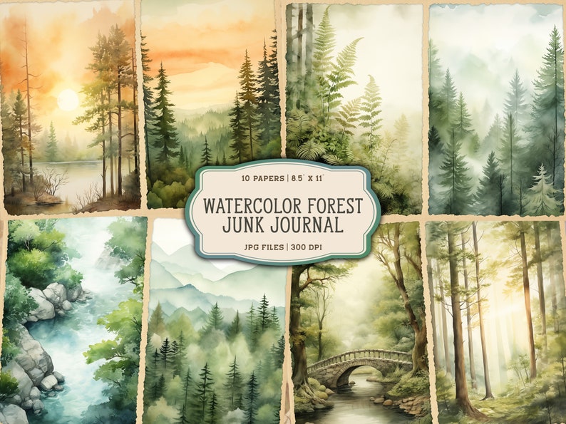 Watercolor Forest Junk Journal Printable Pages, Forest Junk Journal Paper, Woodland Junk Journal Kit, Hiking Journal image 1