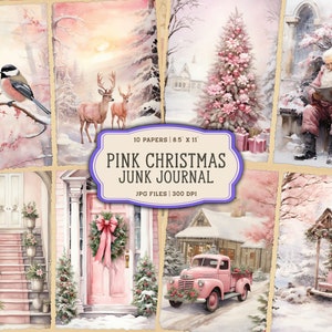 Weihnachten Printables für Junk Journals, Rosa Weihnachten, Vintage Merry Christmas Junk Journal Seiten, Aquarell Santa Digital Junk Journal