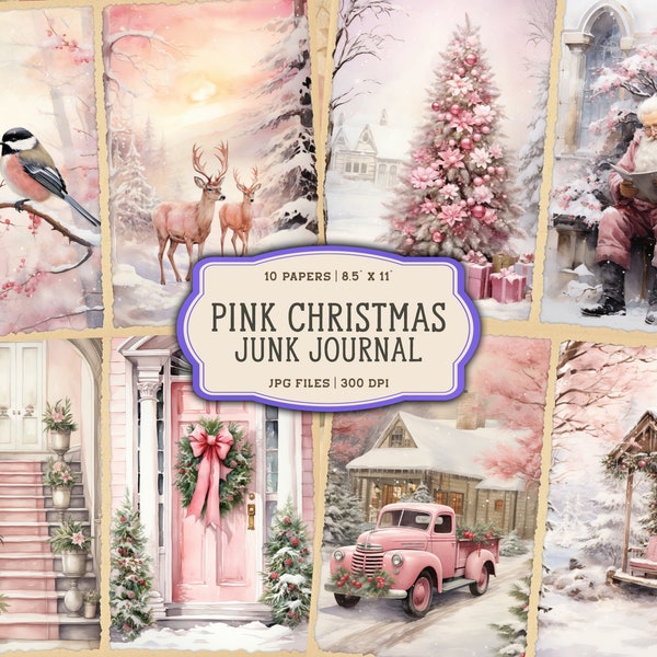Christmas Printables for Junk Journals, Pink Christmas, Vintage Merry Christmas Junk Journal Pages, Watercolor Santa Digital Junk Journal