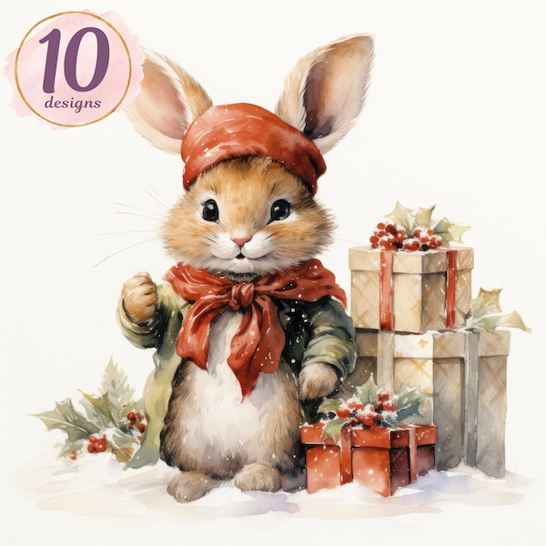 Watercolor Christmas Bunny, Junk Journal Winter Rabbit, Woodland Animals Clipart JPG