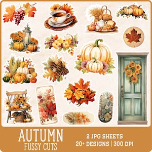 Acuarela Otoño Junk Journal Imprimible Fussy Cut, Kit de diario basura de otoño, Cortes quisquillosos del diario basura, Hoja de collage digital