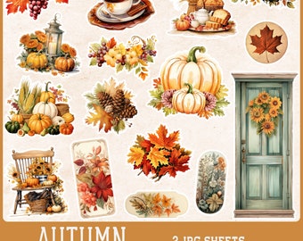 Watercolor Autumn Junk Journal Printable Fussy Cut, Autumn Junk Journal Kit, Junk Journal Fussy Cuts, Digital Collage Sheet