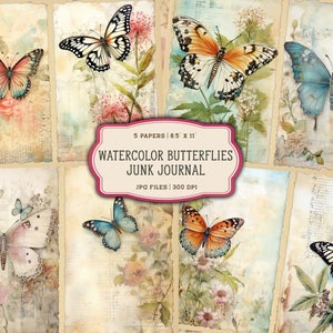 May include: Five digital papers featuring watercolour butterflies on a vintage background. The papers are 8.5 x 11 inches and 300 DPI.  The papers are perfect for junk journaling.