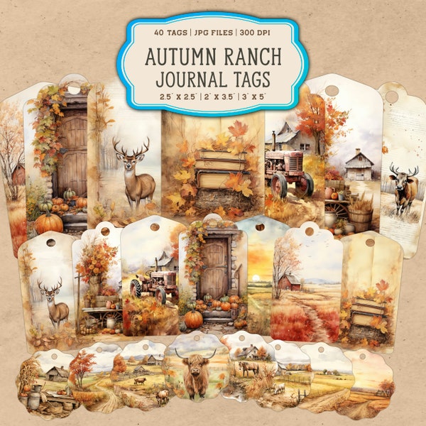 40 Watercolor Country Farm Junk Journal Tags, Farm House Junk Journal Kit, Ranch Junk Journal Tag, Digital Collage Sheet
