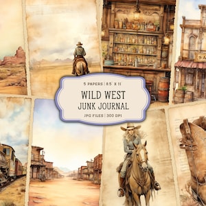 Pagine stampabili del diario spazzatura occidentale dell'acquerello, kit diario spazzatura cowboy, carta per diario spazzatura cowgirl, foglio di collage digitale