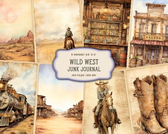 Pages imprimables aquarelle Western Junk Journal, kit de journal indésirable cowboy, papier journal indésirable cow-girl, feuille de collage numérique