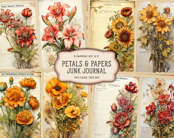 Flowers Junk Journal Printable Pages, Floral Junk Journal Kit, Botanical Junk Journal Paper, Digital Collage Sheet