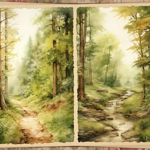May include: Watercolor painting of a forest scene with a path and a stream. The artwork features lush green trees, a winding path, and a small stream. The painting has a vintage, artistic style, with soft colors and a dreamy atmosphere.