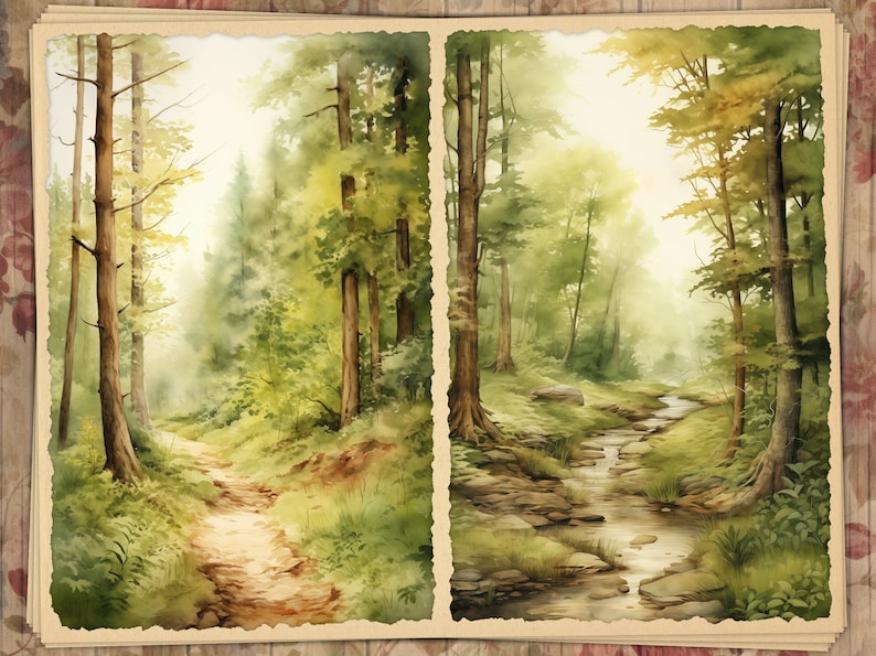 May include: Watercolor painting of a forest scene with a path and a stream. The artwork features lush green trees, a winding path, and a small stream. The painting has a vintage, artistic style, with soft colors and a dreamy atmosphere.