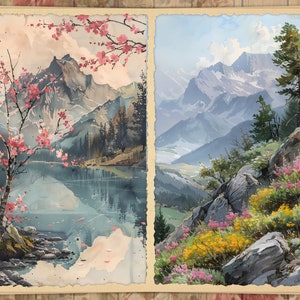 May include: Two watercolor paintings depicting mountain landscapes. The left painting shows a lake with a mountain in the background and a cherry blossom tree in the foreground. The right painting shows a mountain range with a pine tree and wildflowers in the foreground.