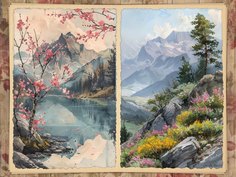 May include: Two watercolor paintings depicting mountain landscapes. The left painting shows a lake with a mountain in the background and a cherry blossom tree in the foreground. The right painting shows a mountain range with a pine tree and wildflowers in the foreground.