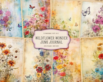Watercolor Wildflowers Junk Journal Printable Pages, Vintage Botanical Junk Journal Kit, Printable Junk Journal Paper, Digital Collage Sheet