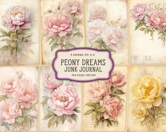 Pages imprimables de journal indésirable pivoines aquarelle, kit de journal indésirable pivoine vintage, papier journal indésirable imprimable, feuille de collage numérique