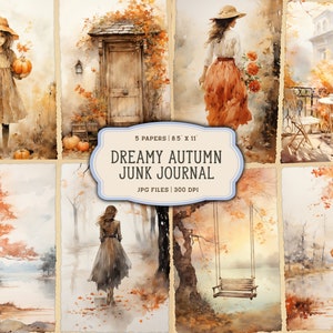 Páginas imprimibles del diario basura de otoño de acuarela, kit de diario basura de otoño, papel de diario basura de otoño, hoja de collage digital