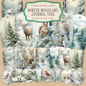 40 aquarel Forest Junk Journal afdrukbare pagina's, Winter Woodland Dieren Junk Journal Kit, Junk Journal Tags, Digitale Collage Sheet