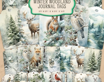 40 Watercolor Forest Junk Journal Printable Pages, Winter Woodland Animals Junk Journal Kit, Junk Journal Tags, Digital Collage Sheet