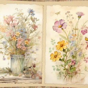May include: Two vintage-style illustrations of bouquets of flowers. The first image shows a bouquet of pink, yellow, and blue flowers in a green vase on top of a stack of old books. The second image shows a bouquet of yellow, pink, and blue flowers with a butterfly.