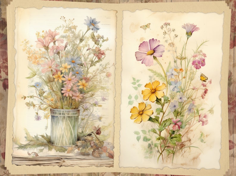 May include: Two vintage-style illustrations of bouquets of flowers. The first image shows a bouquet of pink, yellow, and blue flowers in a green vase on top of a stack of old books. The second image shows a bouquet of yellow, pink, and blue flowers with a butterfly.