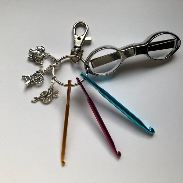 Knitting / crochet notions kit. Travel / emergency hook, scissors, stitch markers on key ring with clasp / stocking filler / mother's day