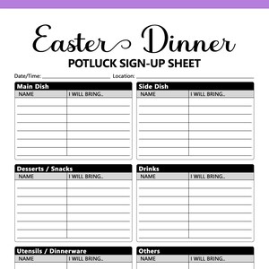 Könnte beinhalten: Ein weißes Ostern-Potluck-Anmeldeformular mit schwarzem Text. Das Formular enthält Abschnitte für Hauptgerichte, Beilagen, Desserts/Snacks, Getränke, Geschirr/Besteck und andere Artikel. Es gibt Platz für Namen und was die Leute mitbringen.