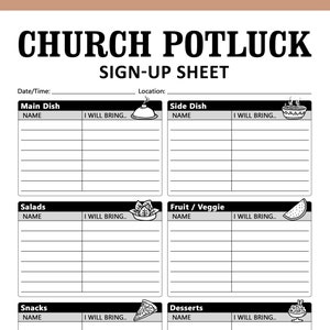 Church Potluck Sign Up Sheet Printable Form, Faith Religious Community Breakfast Brunch Dinner Party Food Signup, Instant Download Letter A4