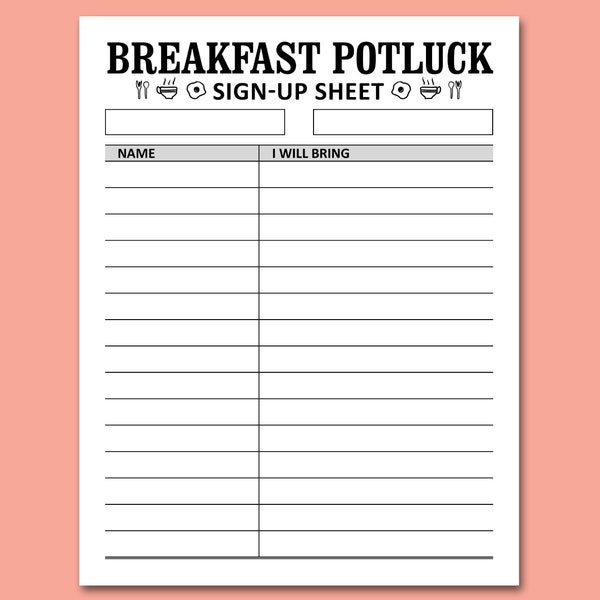 Breakfast Potluck Sign Up Sheet Printable Template, Morning Celebration Gathering Friends Party Food Signup, Instant Download, Letter, A4