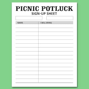 Op de afbeelding: Een wit aanmeldformulier voor een picknick potluck. De woorden "PICNIC POTLUCK" staan vetgedrukt in het zwart bovenaan, met "SIGN-UP SHEET" eronder. Het formulier heeft ruimte voor namen en wat mensen meebrengen.