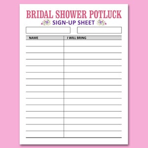 Bridal Shower Potluck Sign Up Sheet Printable Template, Brunch Dinner Party Food Signup, Instant Download, Letter, A4