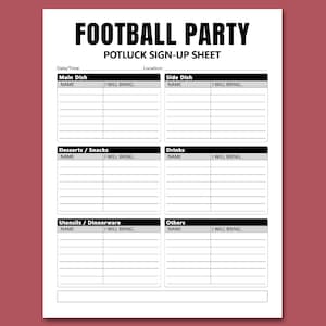 Football Party Potluck Sign Up Sheet Printable, Potluck Dinner Sign Up Form, Freunde Familie Social Event Spiele Aktivitäten, Letter, A4 size
