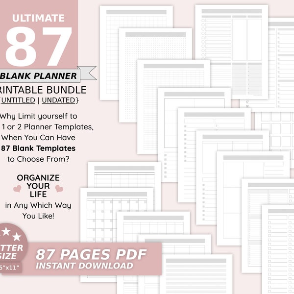 Blank Planner Bundle, Planner Pack, Printable Blank Calendar, Daily Planner Insert, Undated, Untitled, To Do List, Checklist, Letter Size