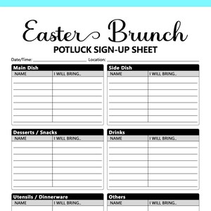 Könnte beinhalten: Ein weißes Potluck-Anmeldeformular mit den Worten "Easter Brunch" in eleganter schwarzer Schrift. Das Formular ist in Abschnitte für Hauptgerichte, Beilagen, Desserts, Getränke, Utensilien und andere Artikel unterteilt.