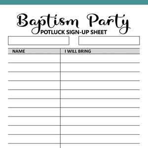 Hoja de registro de Potluck para fiesta de bautismo imprimible, formulario de registro para cena compartida, actividades de eventos sociales religiosos católicos cristianos, carta, A4