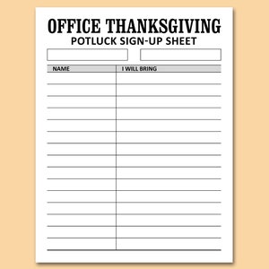 Office Thanksgiving Potluck Sign up Sheet PRINTABLE Template, Work ...