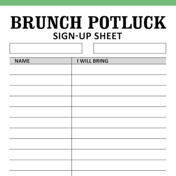 Brunch Potluck Sign Up Sheet Printable Template, Morning Noon Celebration Gathering Friends Party Food Signup, Instant Download, Letter, A4