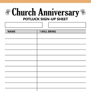Kirchenjubiläum Potluck-Anmeldeblatt zum Ausdrucken, Registrierungsformular Potluck-Abendessen, Community Social Religious Event-Aktivitäten, Letter, A4-Größe